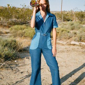 Miracle Eye California Shake Jumpsuit in Denim - Retro 70s Style Boilersuit